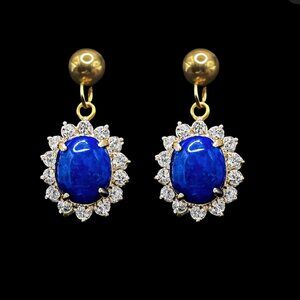 Blue Lapis Lazuli Cabochon Drop Earrings with Swarovski Crystals 18K Gold Elec